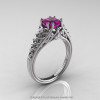 Classic French 14K White Gold 1.0 Ct Princess Amethyst Diamond Lace Engagement Ring Wedding Band Set R175PS-14KWGDAM-2