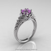 Classic French 14K White Gold 1.0 Ct Princess Lilac Amethyst Diamond Lace Engagement Ring Wedding Band Set R175PS-14KWGDLAM-2