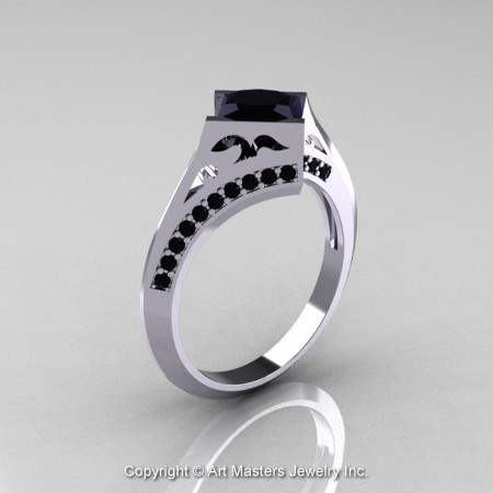 Modern French 14K White Gold 1.23 Ct Princess Black Diamond Engagement Ring Wedding Ring R176-14WGBD-1