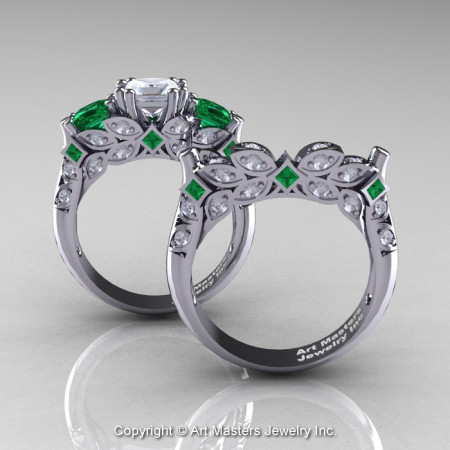 Classic 14K White Gold Three Stone Princess White Sapphire Emerald Diamond Solitaire Engagement Ring Wedding Band Set R500S-14KWGDEMWS-1