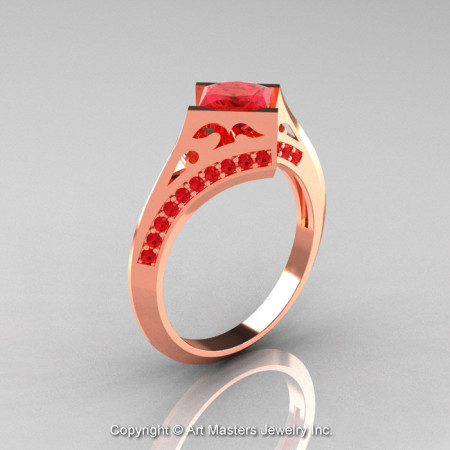 Modern French 14K Rose Gold 1.23 Ct Princess Rubies Engagement Ring Wedding Ring R176-14RGR-1
