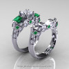 Classic 14K White Gold Three Stone Princess White Sapphire Emerald Diamond Solitaire Engagement Ring Wedding Band Set R500S-14KWGDEMWS-2