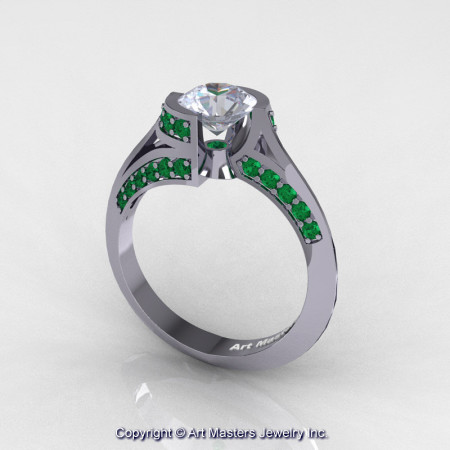 Modern French 14K White Gold 1.0 Ct White Sapphire Emerald Engagement Ring Wedding Ring R376-14KWGEMWS-1