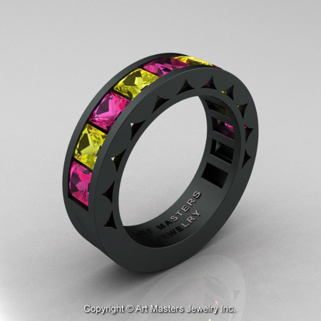 Reserved – Split Two – Mens Modern 14K Matte Black Gold Princess Pink and Yellow Sapphire Channel Cluster Sun Wedding Ring R274-14MBGYSPS-1