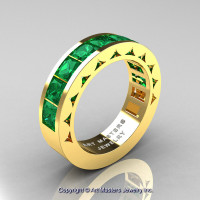 Mens Modern 14K Yellow Gold Princess Emerald Channel Cluster Wedding Ring R274-14KYGEM-1