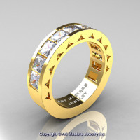 Mens Modern 14K Yellow Gold Princess White Sapphire Channel Cluster Wedding Ring R274-14KYGWS-1