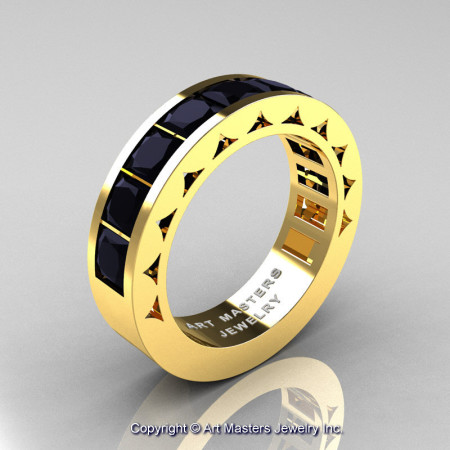 Mens Modern 14K Yellow Gold Princess Black Diamond Channel Cluster Wedding Ring R274-14KYGBD-1