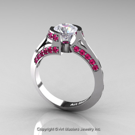 Modern French 14K White Gold 1.0 Ct White Sapphire Pink Sapphire Engagement Ring Wedding Ring R376-14KWGPSWS-1