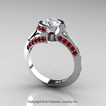 Modern French 14K White Gold 1.0 Ct White Sapphire Ruby Engagement Ring Wedding Ring R376-14KWGRWS-1