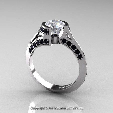 Modern French 14K White Gold 1.0 Ct White Sapphire Black Diamond Engagement Ring Wedding Ring R376-14KWGBDWS-1