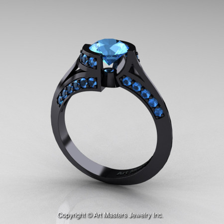 Modern French 14K Black Gold 1.0 Ct Blue Topaz Engagement Ring Wedding Ring R376-14KBGBT-1