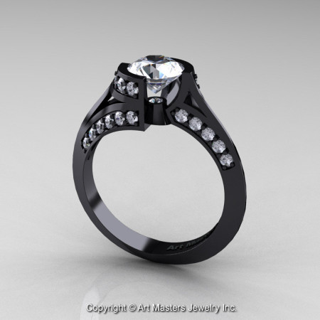 Modern French 14K Black Gold 1.0 Ct White Sapphire Engagement Ring Wedding Ring R376-14KBGWS-1