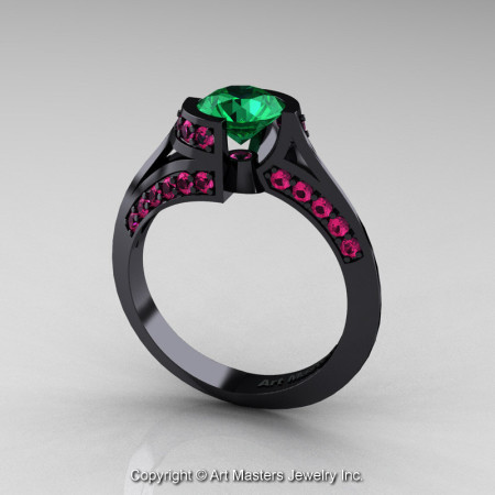 Modern French 14K Black Gold 1.0 Ct Emerald Pink Sapphire Engagement Ring Wedding Ring R376-14KBGPSEM-1