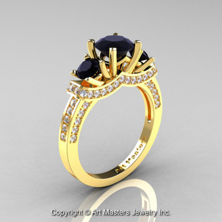 Exclusive French 18K Yellow Gold Three Stone Black and White Diamond Engagement Ring Wedding Ring R182-18KYGDBD-1