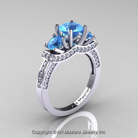 Exclusive French 14K White Gold Three Stone Blue Topaz Diamond Engagement Ring Wedding Ring R182-14KWGDBT-1