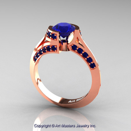 Modern French 14K Rose Gold 1.0 Ct Blue Sapphire Engagement Ring Wedding Ring R376-14KRGBS-1