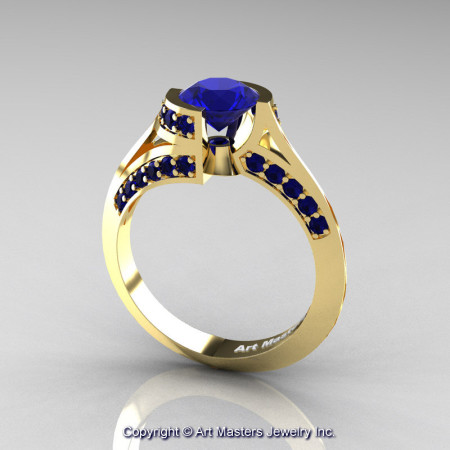 Modern French 14K Yellow Gold 1.0 Ct Blue Sapphire Engagement Ring Wedding Ring R376-14KYGBS-1