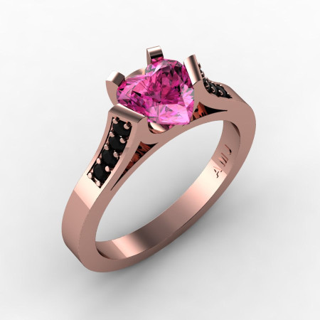 Gorgeous 14K Rose Gold 1.0 Ct Heart Pink Sapphire Black Diamond Modern Wedding Ring Engagement Ring for Women R663-14KRGBDPS-1