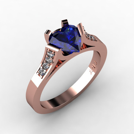 Gorgeous 14K Rose Gold 1.0 Ct Heart Blue Sapphire Diamond Modern Wedding Ring Engagement Ring for Women R663-14KRGDBS-1