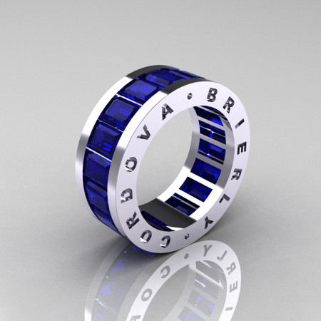 Mens Modern 14K White Gold Blue Sapphire Channel Cluster Infinity Wedding Band R174M-14WGBS-1