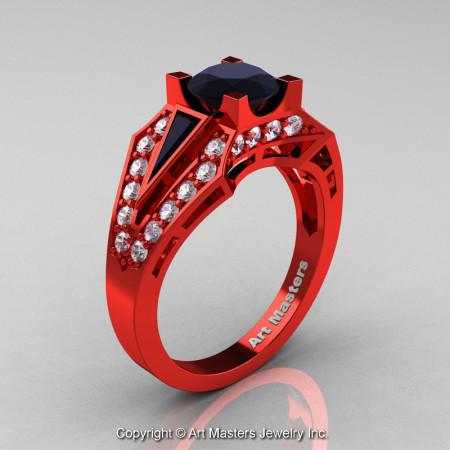 Edwardian 14K Red Gold 1.0 Ct Black and White Diamond Engagement Ring R285-14KRGDBD-1