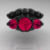 Art Masters Athena 14K Matte Black Gold Three Stone Rose Ruby Modern Antique Wedding Ring Set R515S-14KMBGRR-3