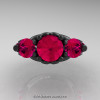 Art Masters Athena 14K Matte Black Gold Three Stone Rose Ruby Modern Antique Engagement Ring R515-14KMBGRR-3
