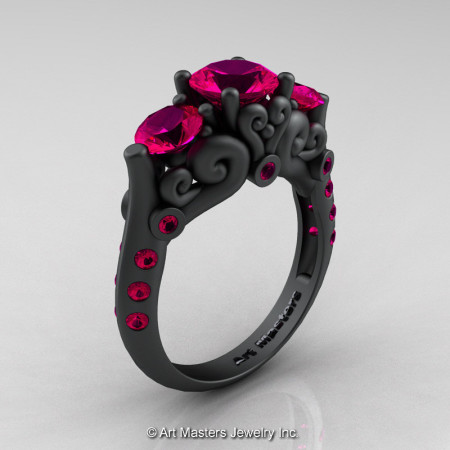 Art Masters Athena 14K Matte Black Gold Three Stone Rose Ruby Modern Antique Engagement Ring R515-14KMBGRR-1