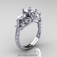 Art Masters Athena 14K White Gold Three Stone CZ Diamond Modern Antique Engagement Ring R515-14KWGDCZ-1