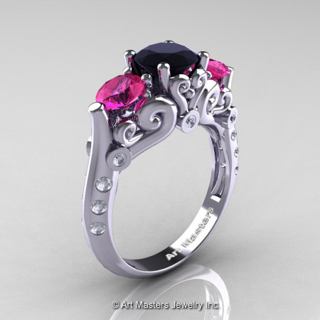 Art Masters Athena 14K White Gold Three Stone Black White Diamond Pink Sapphire Modern Antique Engagement Ring R515-14KWGDPSBD-1