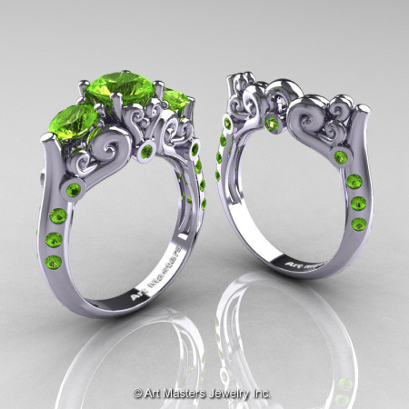 Art Masters 10K White Gold Three Stone Peridot Modern Antique Wedding Ring Set R515S-14KWGP-1