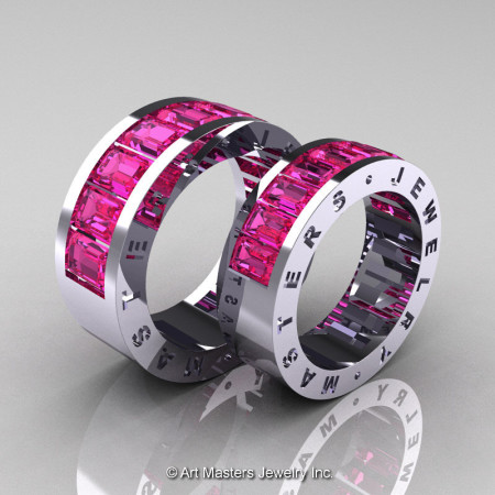 Art Masters Modern 14K White Gold Pink Sapphire Channel Cluster Wedding Band Set R174RS-14WGPS-1