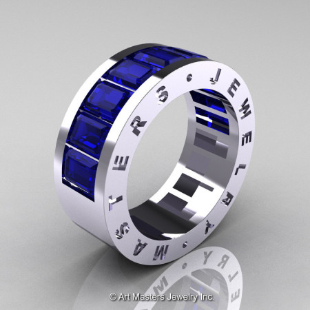 Mens Modern 14K White Gold Blue Sapphire Channel Cluster Wedding Band R174RM-14WGBS-1