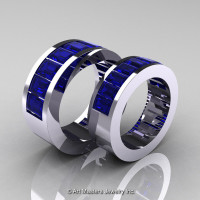 Art Masters Modern 14K White Gold Blue Sapphire Channel Cluster Wedding Band Set R174RS-14WGBS-1