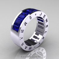 Womens Modern 14K White Gold Blue Sapphire Channel Cluster Wedding Band R174RF-14WGBS-1