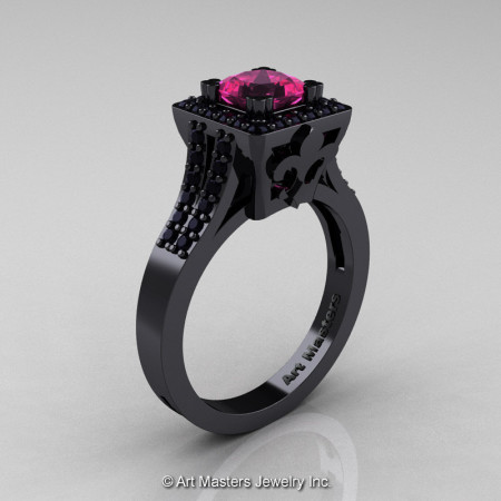 Art Masters French 14K Black Gold 1.0 Carat Princess Pink Sapphire Black Diamond Engagement Ring R215P-14KBGBDPS-1