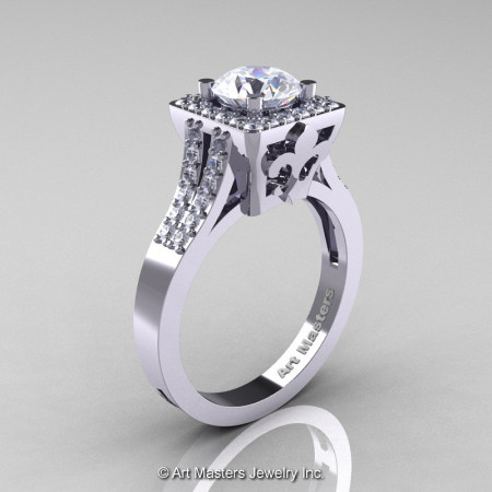 Art Masters French 14K White Gold 1.0 Carat White Sapphire Diamond Engagement Ring R215-14KWGDWS-1
