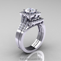 Art Masters French 14K White Gold 1.0 Carat White Sapphire Diamond Engagement Ring Wedding Band Set R215S-14KWGDWS-1