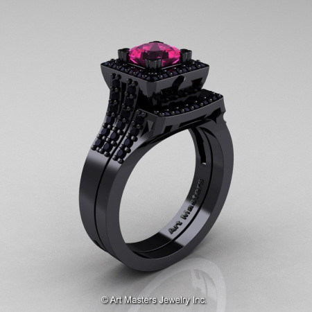 Art Masters French 14K Black Gold 1.0 Carat Princess Pink Sapphire Black Diamond Engagement Ring Wedding Band Set R215PS-14KBGBDPS-1