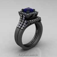 French 14K Matte Black Gold 1.0 Ct Princess Blue Sapphire Diamond Engagement Ring Wedding Band Set R215PS-14KMBGDBS-1