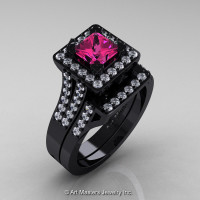 Art Masters French 14K Black Gold 1.0 Ct Princess Pink Sapphire Diamond Engagement Ring Wedding Band Set R215PS-14KBGDPS-1