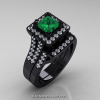 Art Masters French 14K Black Gold 1.0 Ct Princess Emerald Diamond Engagement Ring Wedding Band Set R215PS-14KBGDEM-1