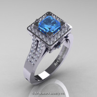 French 14K White Gold 1.0 Ct Princess Blue Topaz Diamond Engagement Ring R215P-14KWGDBT-1