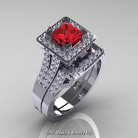 French 14K White Gold 1.0 Ct Princess Ruby Diamond Engagement Ring Wedding Band Set R215PS-14KWGDR-1