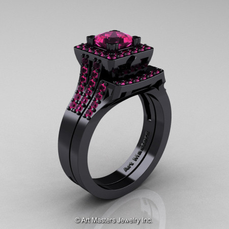 Art Masters French 14K Black Gold 1.0 Carat Princess Pink Sapphire Engagement Ring Wedding Band Set R215PS-14KBGPS-1