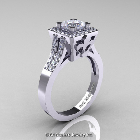 Art Masters Renaissance 14K White Gold 1.0 Carat Princess White Sapphire Diamond Engagement Ring R215P-14KWGDWS-1