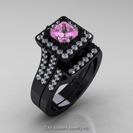 Art Masters French 14K Black Gold 1.0 Ct Princess Light Pink Sapphire Diamond Engagement Ring Wedding Band Set R215PS-14KBGDLPS-1