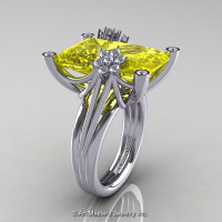Modern Bridal 10K White Gold Radiant Yellow Topaz Diamond Honeymoon Cocktail Ring R292-10KWGDYT-1