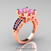 French 14K Rose Gold 3.8 Carat Princess Light Pink Blue Sapphire Solitaire Ring R222-14KRGBSLPS-1