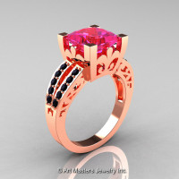 French 14K Rose Gold 3.8 Carat Princess Pink Sapphire Black Diamond Solitaire Ring R222-14KRGBDPS-1